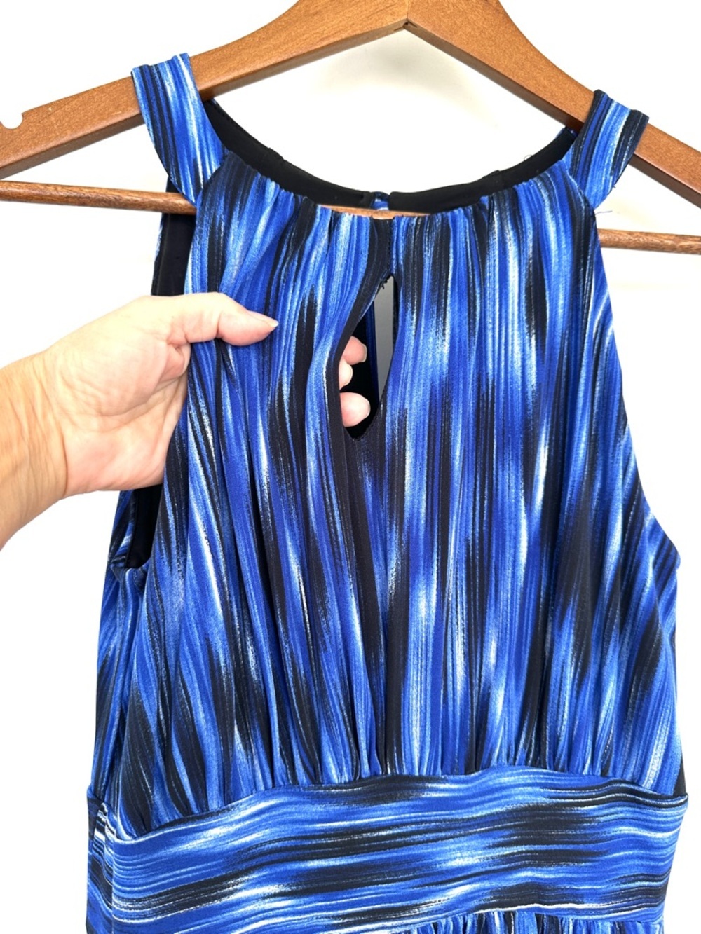Saks Fifth Avenue “Black” Blue & Black Striped Halter Dress, Maxi, Stretch Knit - Picture 6 of 13